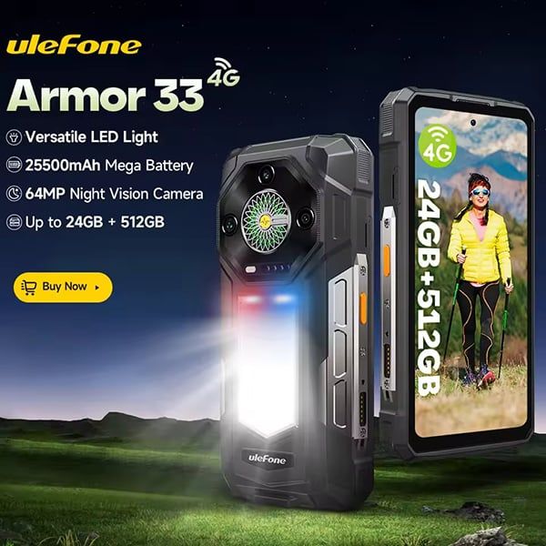  Ulefone Armor 33 4G: Pin 25.500mAh, RAM 24GB, ROM 512GB, màn 120Hz, NFC, Android 15. 