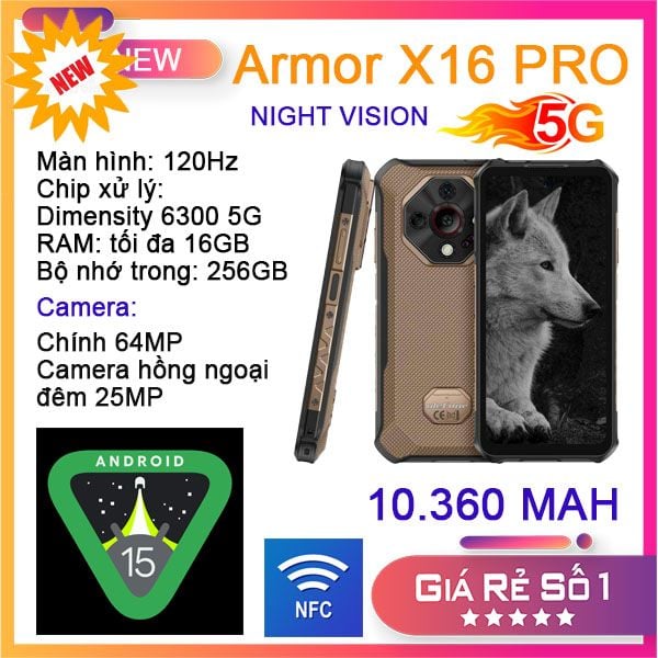  Ulefone Armor X16 Pro 5G | 16(8+8)+256GB, Dimensity 6300, Night Vision 25MP, Pin 10360mah, 6.56
