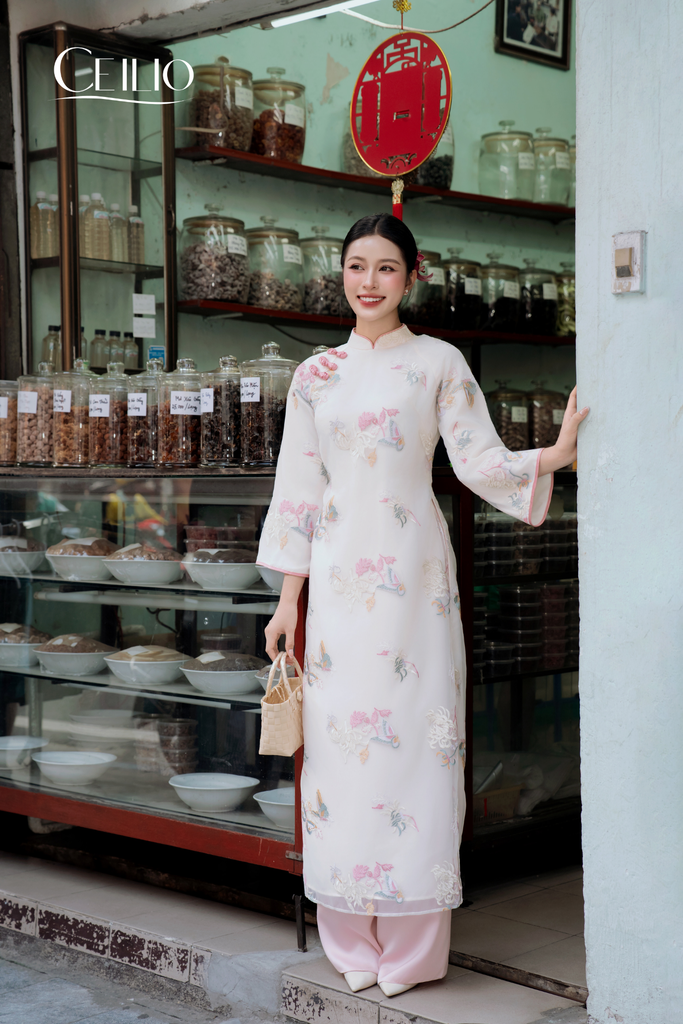 AD557 Áo Dài Tơ Họa Tiết