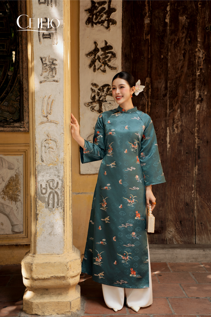 AD558 Áo Dài Gấm Họa Tiết