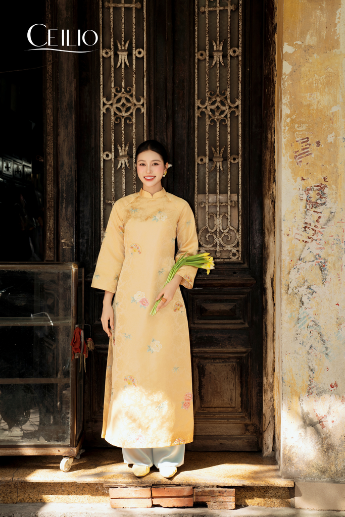 AD552 Áo Dài Gấm Họa Tiết