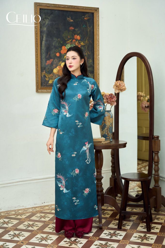 AD558 Áo Dài Gấm Họa Tiết