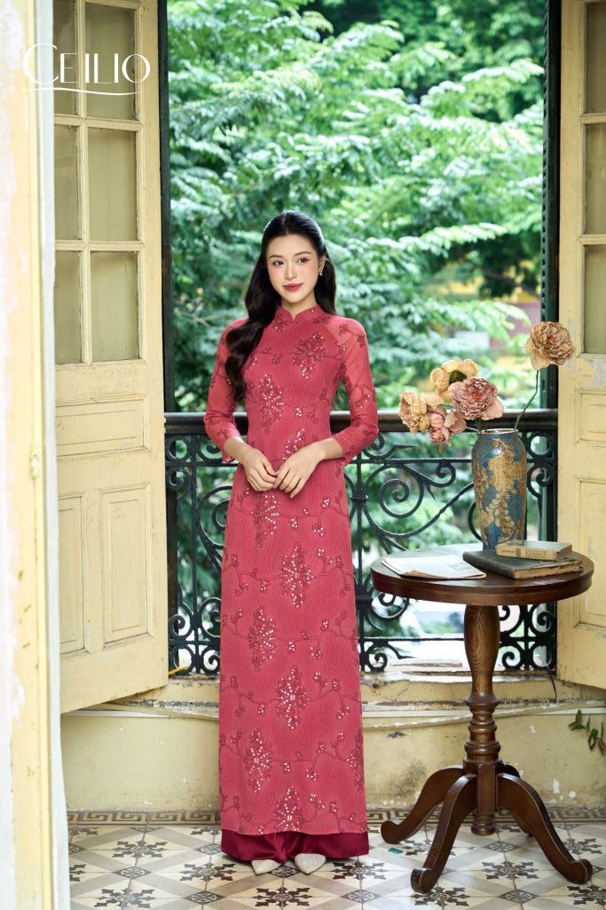 AD566 Áo Dài Tơ Họa Tiết