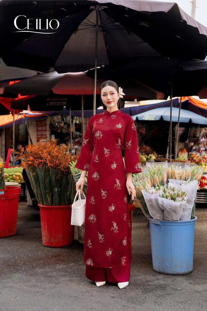 AD553 Áo Dài Gấm Họa Tiết