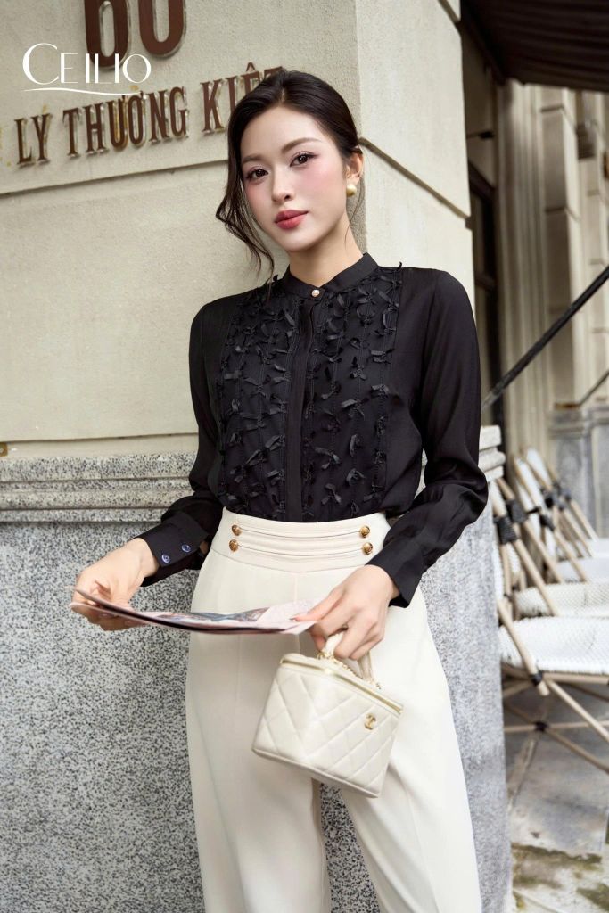 Sơ mi đen cổ tàu đính nơ SM374