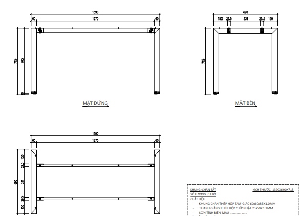 Khung bàn sắt chân tam giác, sơn trắng Vinahardware - VNH1390690T
