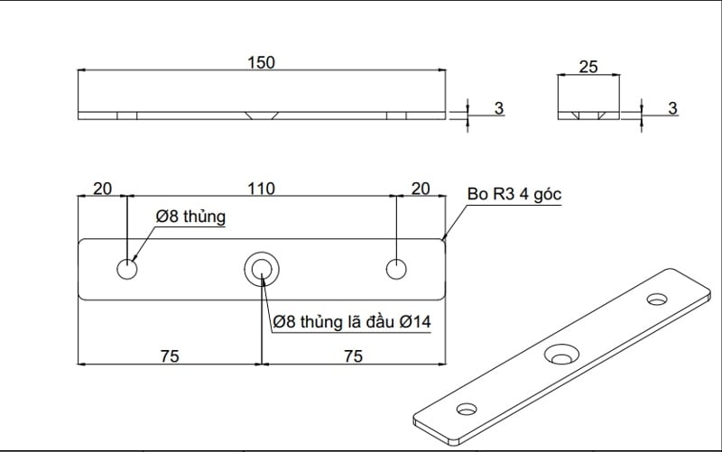 Pat ( bas) sắt 3 lỗ Vinahardware, sơn trắng - VNH150253B