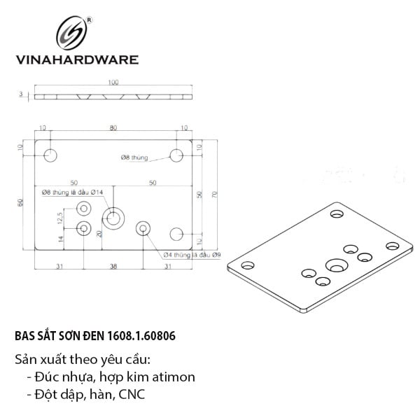 Pat (bas) sắt Vinahardware, sơn đen - VNH80603BR