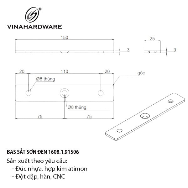 Pat (bas) sắt 3 lỗ Vinahardware, sơn đen - VNH150253