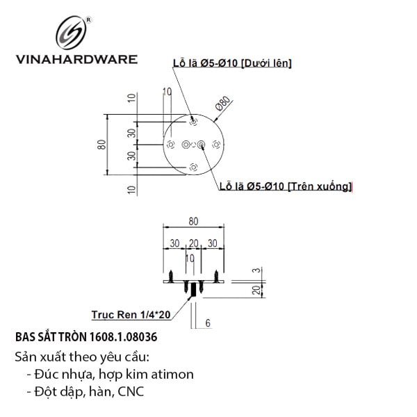 Pat (bas) sắt tròn có trục xoay Vinahardware - VNH803B