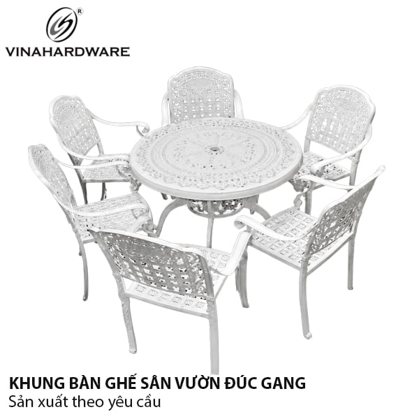 Bộ bàn ghế sân vườn 6 chỗ, gang đúc , sơn trắng Vinahardware - VNH015641
