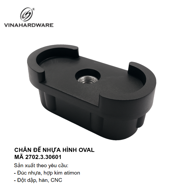 Chân đế nhựa hình Oval tăng chỉnh chân bàn Vinahardware kích thước 30x60mm - Mã 2702.3.30601
