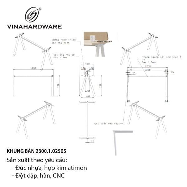 Khung bàn Vinahardware, sơn trắng - VNH1250700T