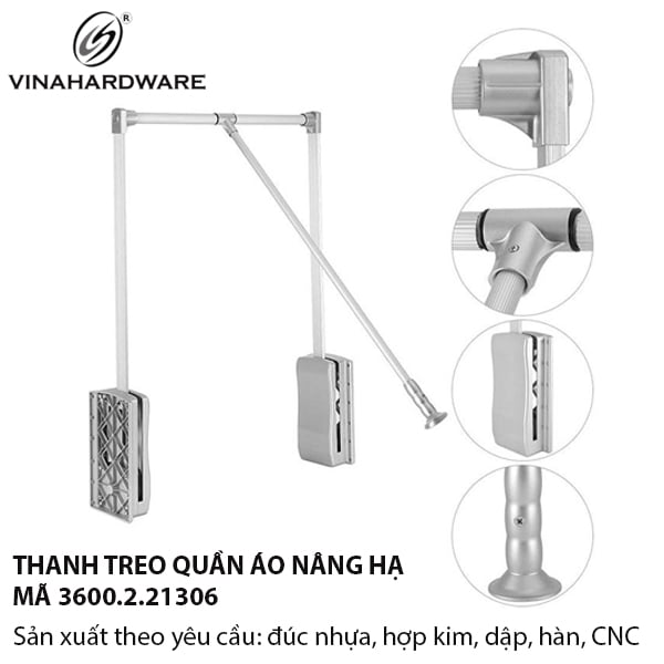 Kệ Mắc Quần Áo Có Tay Kéo Nâng Hạ – Inox Màu Trắng | Mã 3600.2.21306