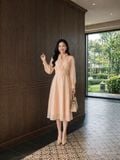  Đầm midi tay dài cổ hoa voan thắt nơ 