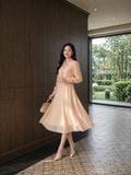 Đầm midi tay dài cổ hoa voan thắt nơ 