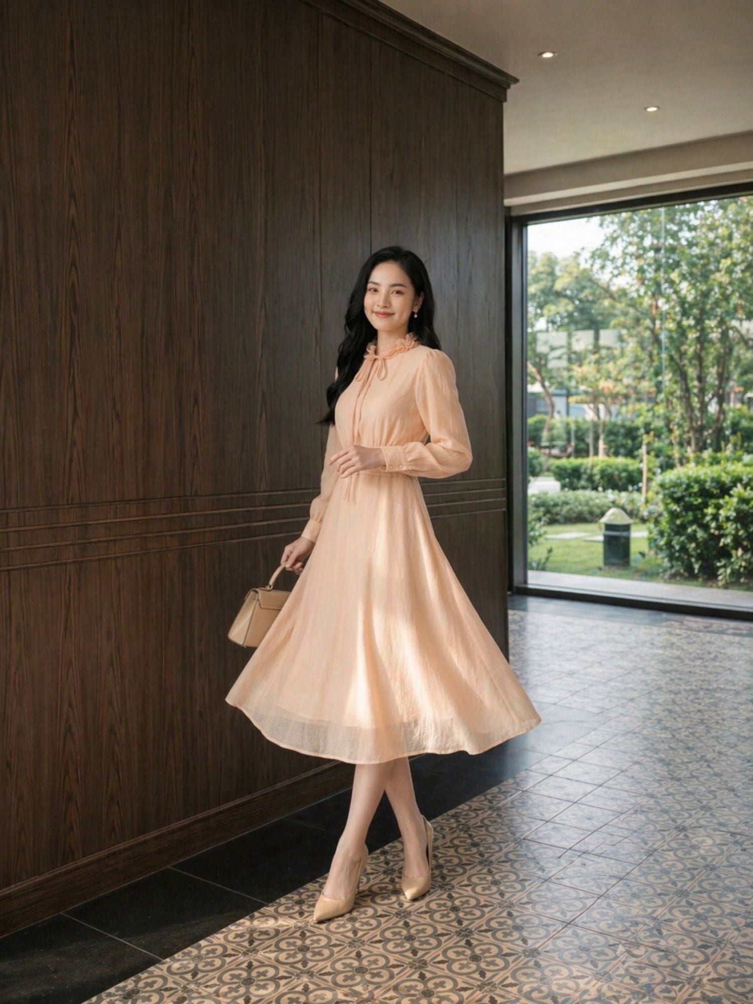  Đầm midi tay dài cổ hoa voan thắt nơ 