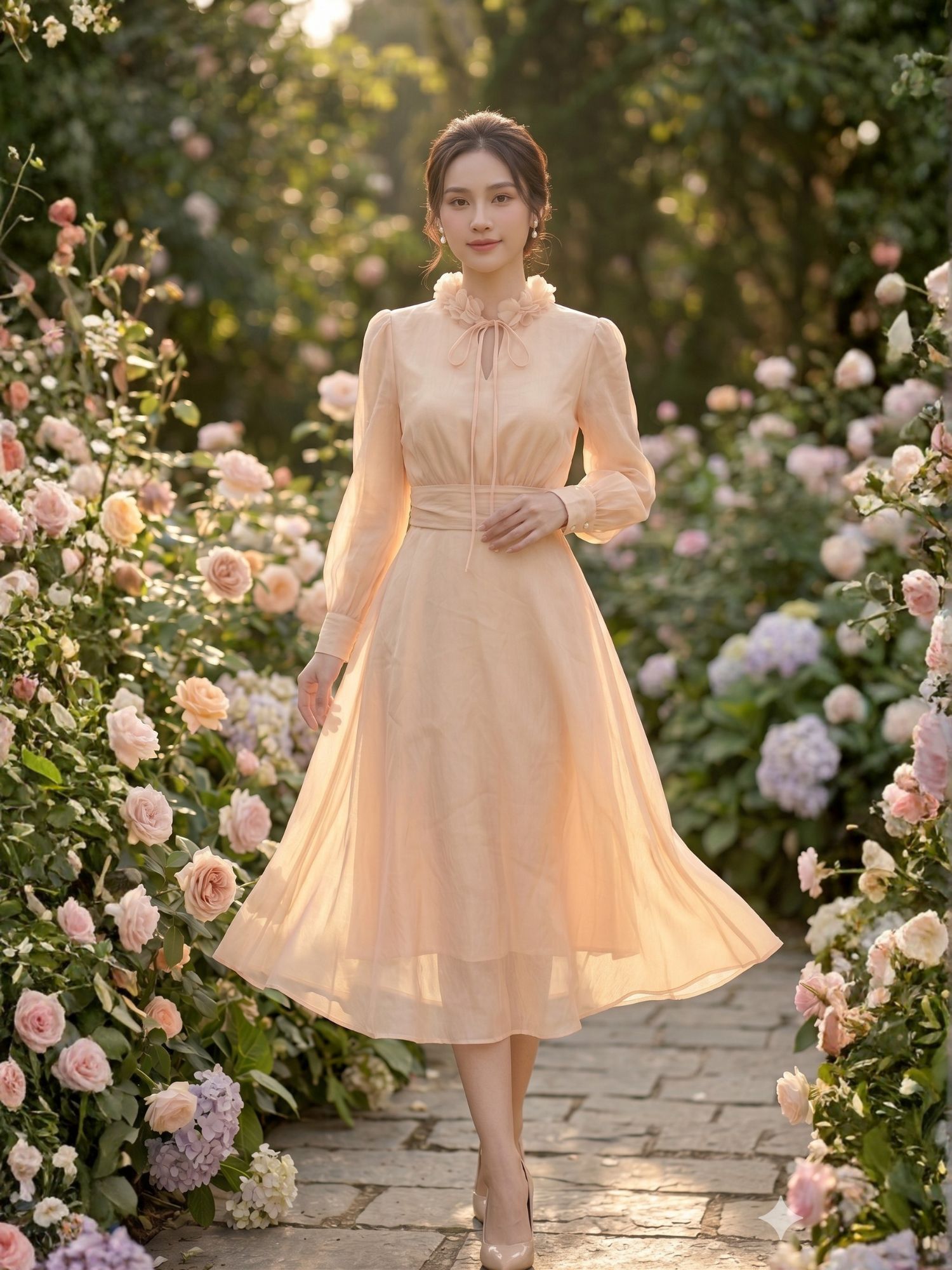 Đầm midi tay dài cổ hoa voan thắt nơ