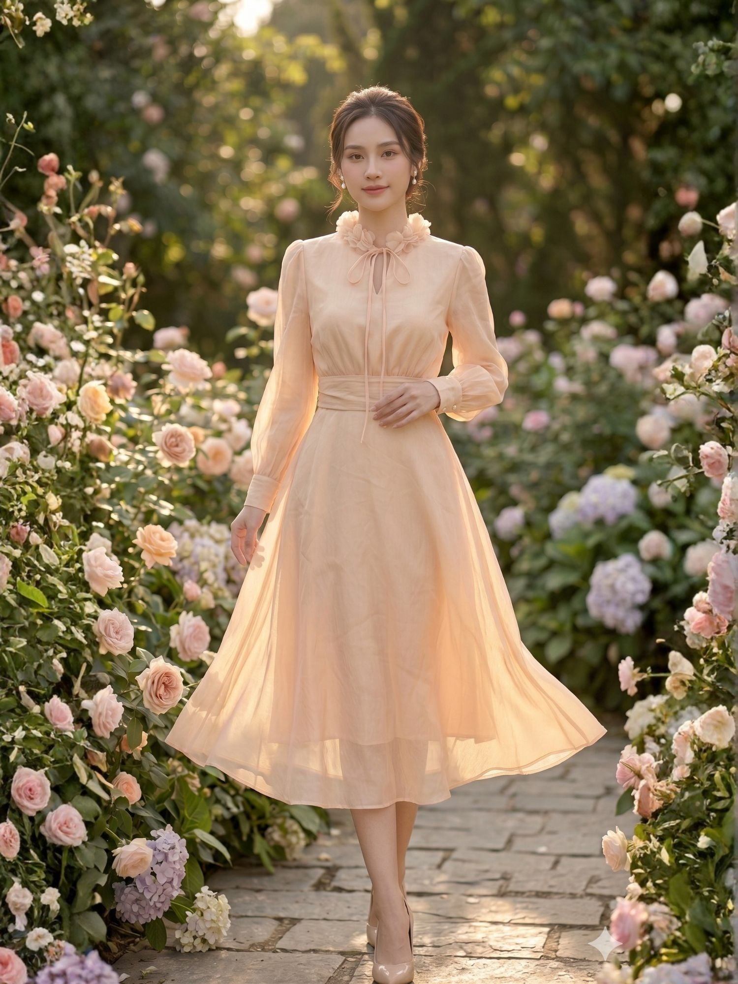  Đầm midi tay dài cổ hoa voan thắt nơ 