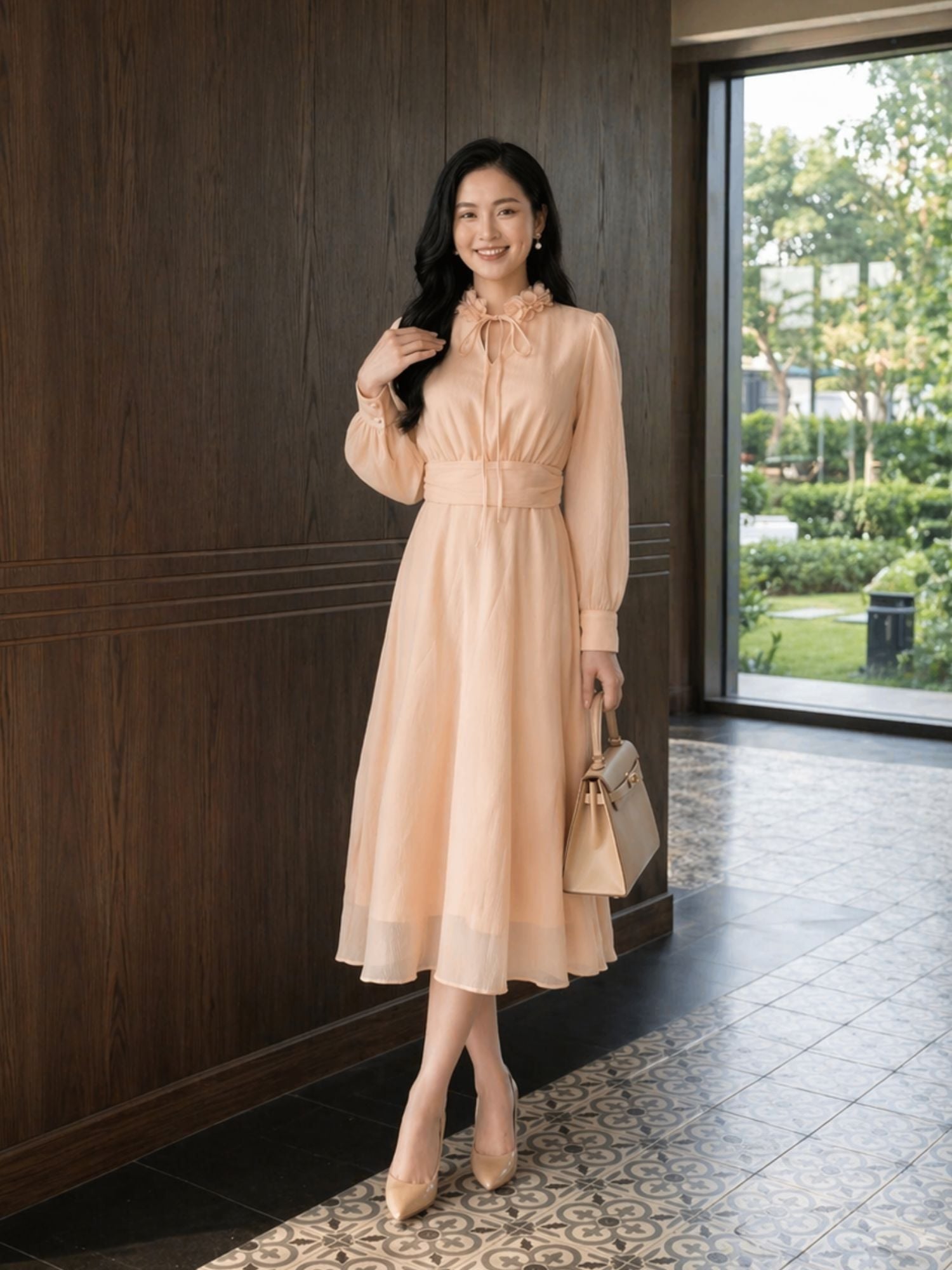  Đầm midi tay dài cổ hoa voan thắt nơ 