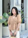  Áo kiểu cổ tim tay phồng nhún ngực và eo 