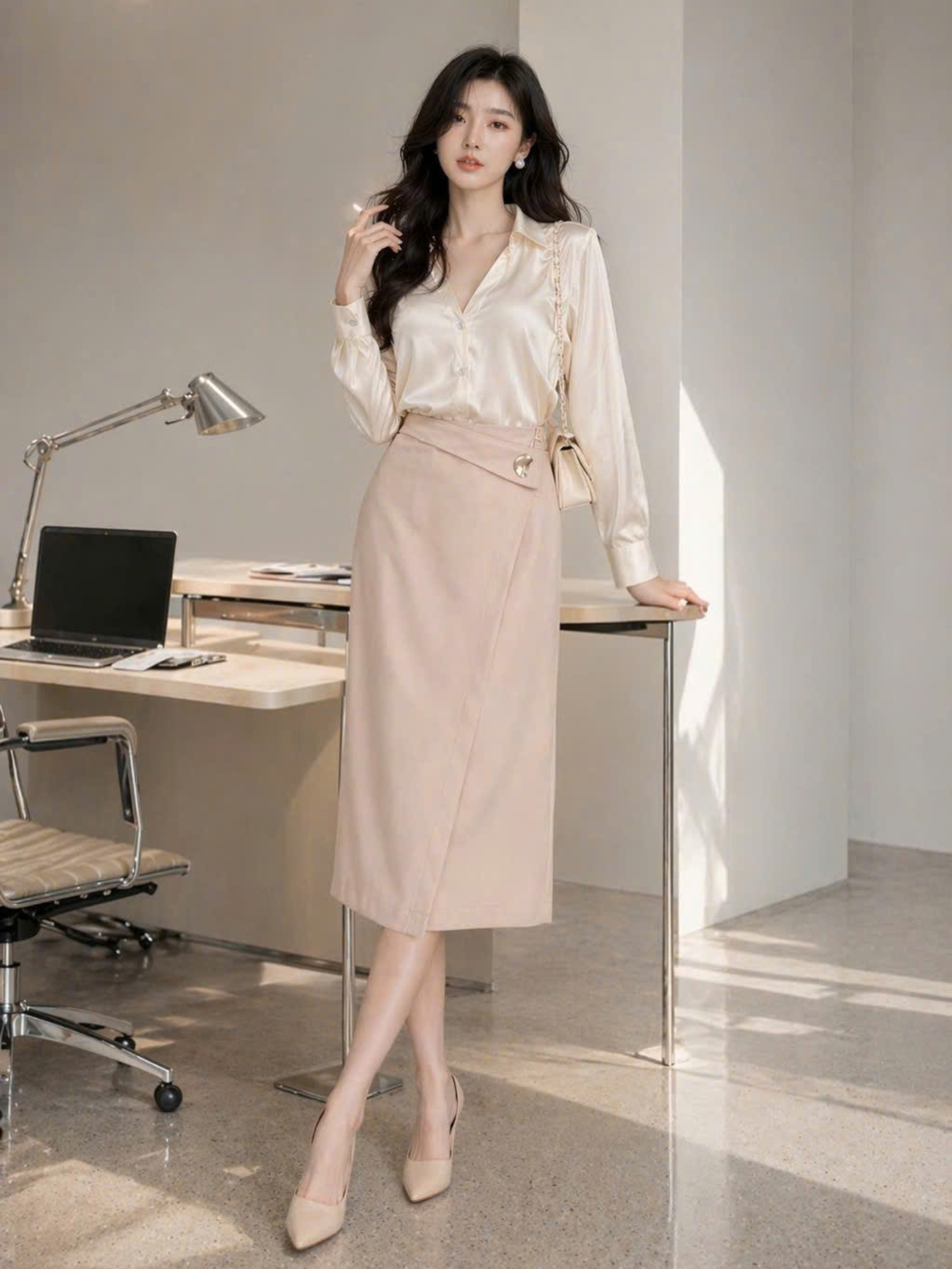  Chân váy midi đắp chéo phối cúc kim loại 