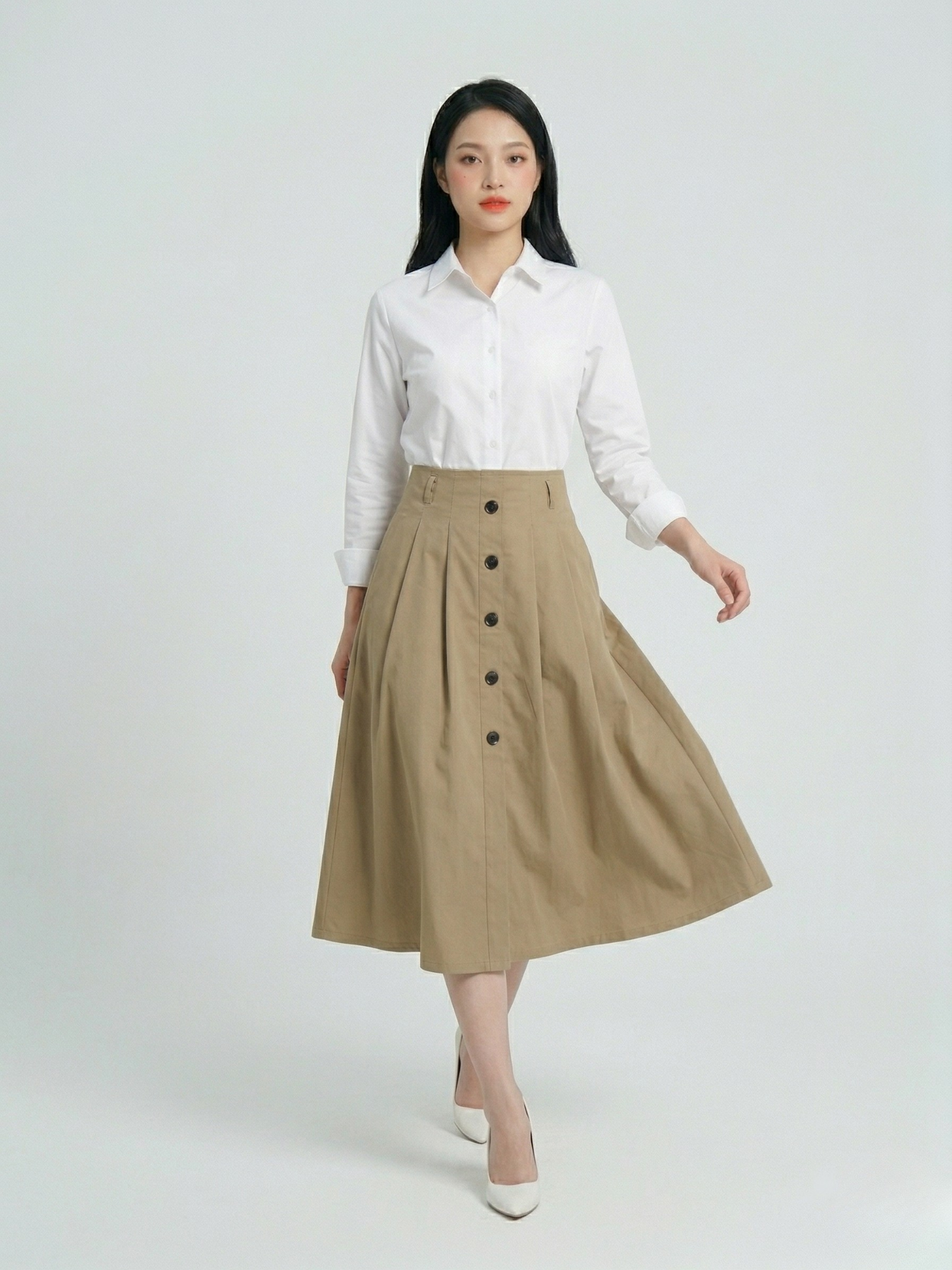 Chân váy midi kaki xếp ly xòe