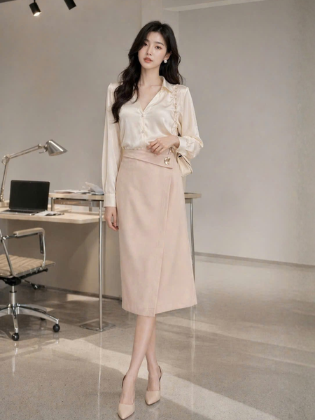  Chân váy midi đắp chéo phối cúc kim loại 