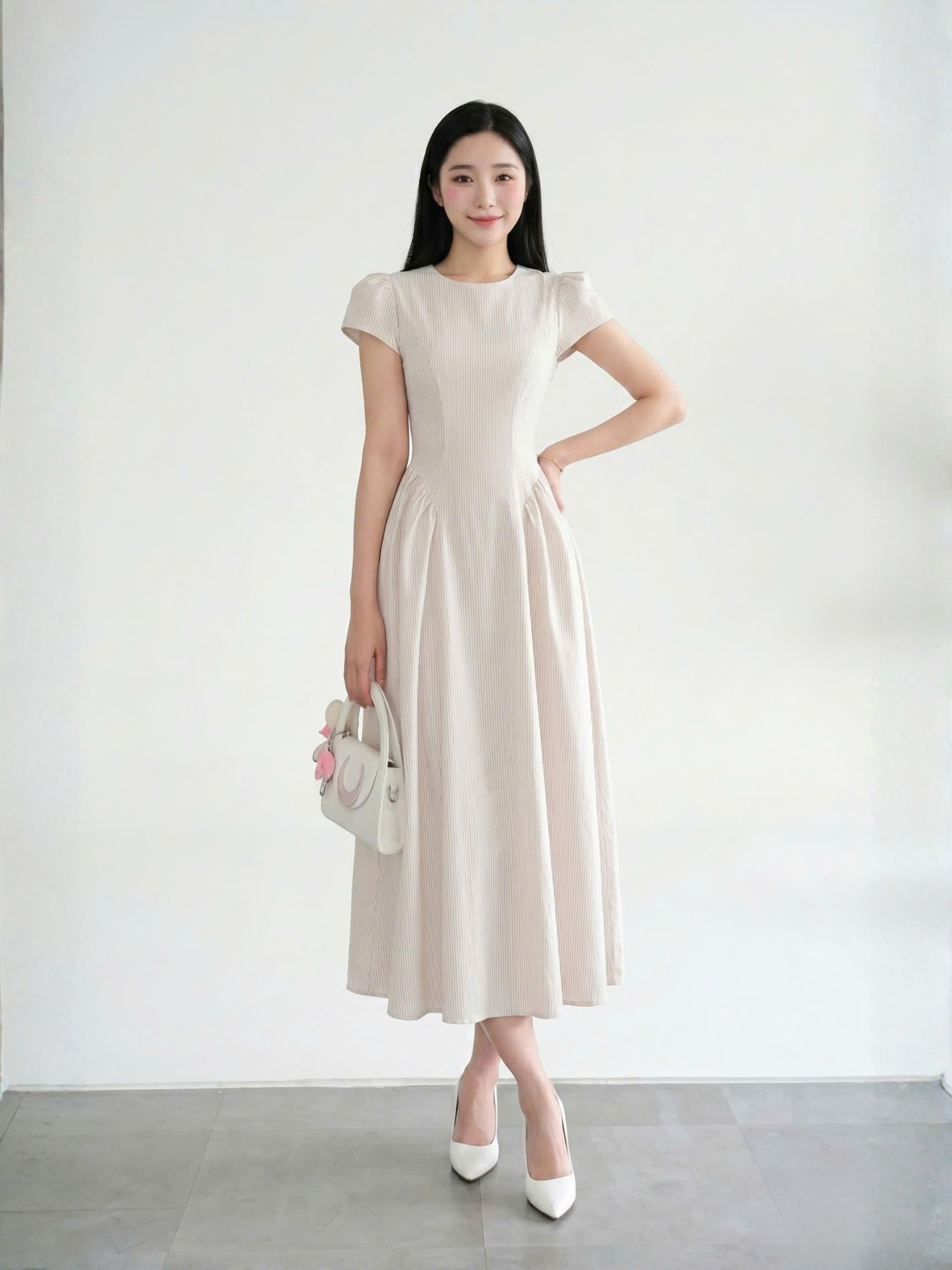  Đầm midi sọc nhún tùng 