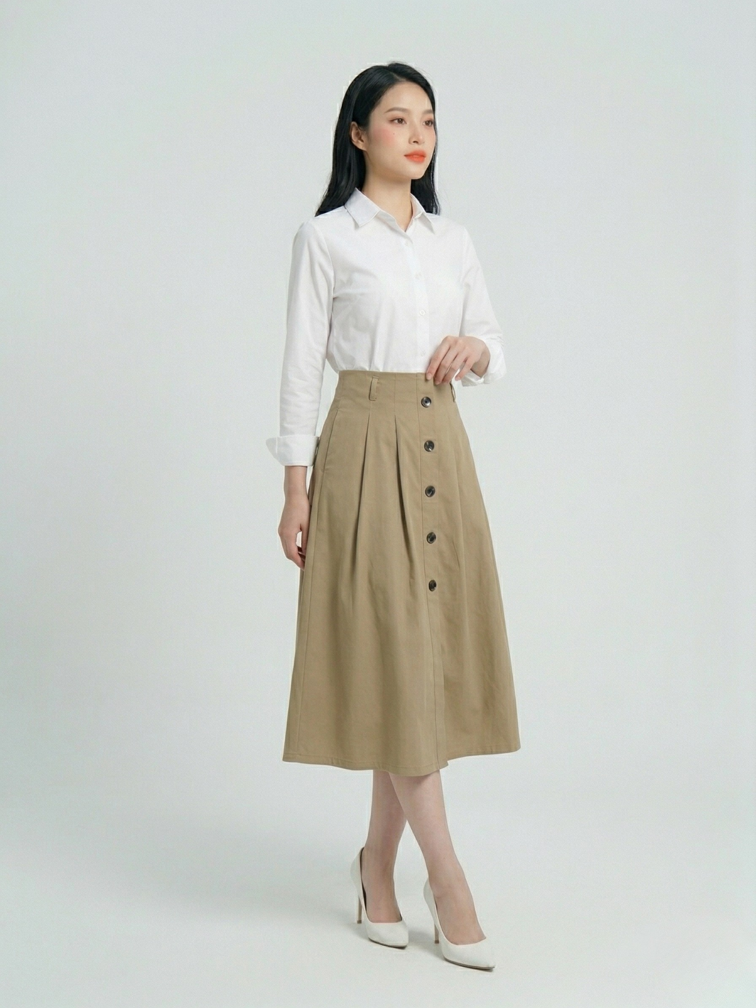 Chân váy midi kaki xếp ly xòe