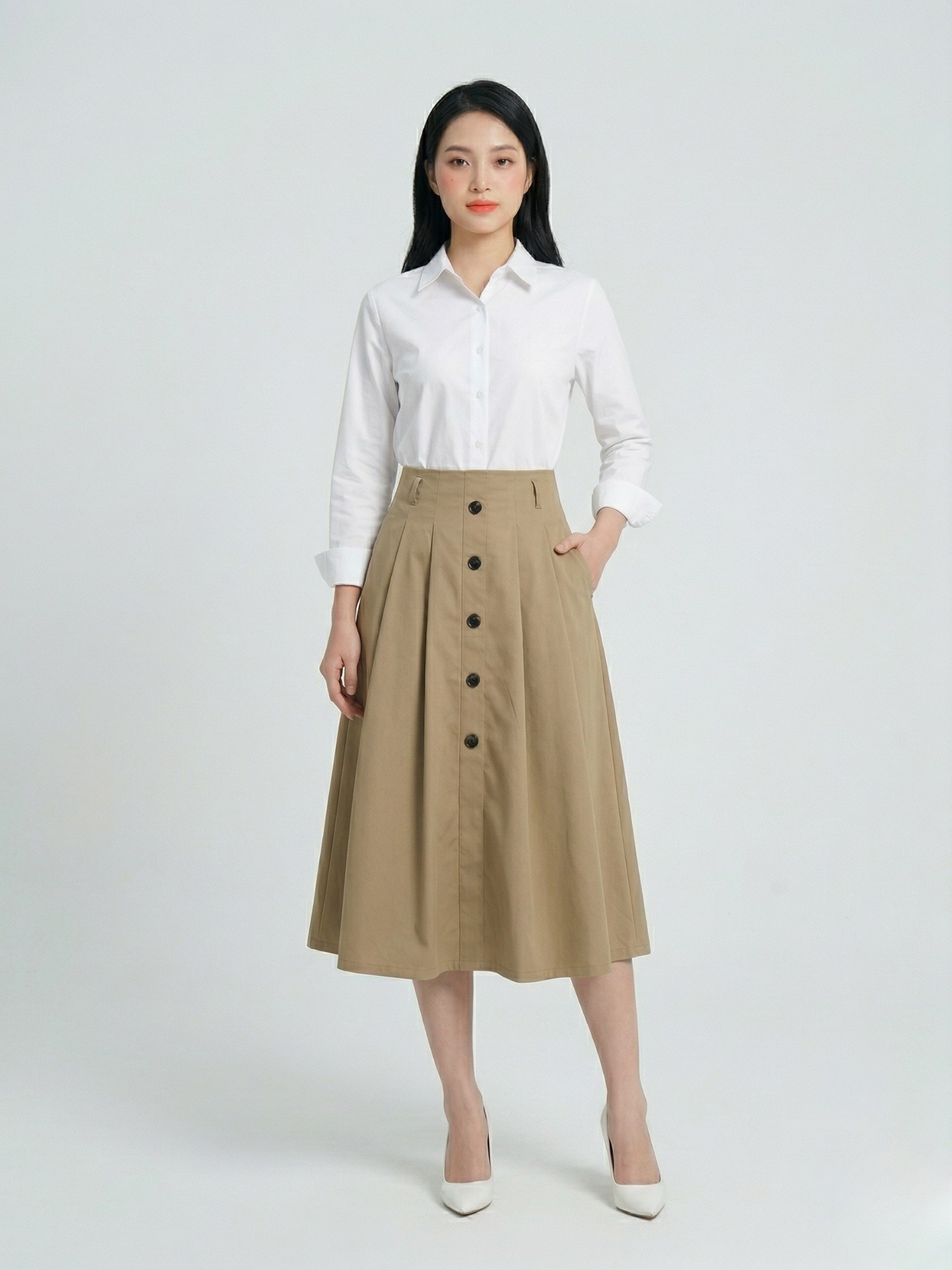 Chân váy midi kaki xếp ly xòe - Marc