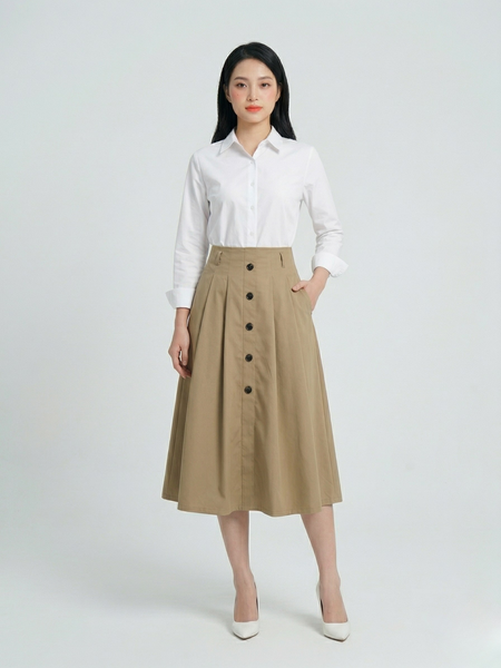  Chân váy midi kaki xếp ly xòe 