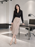  Chân váy midi đắp chéo phối cúc kim loại 