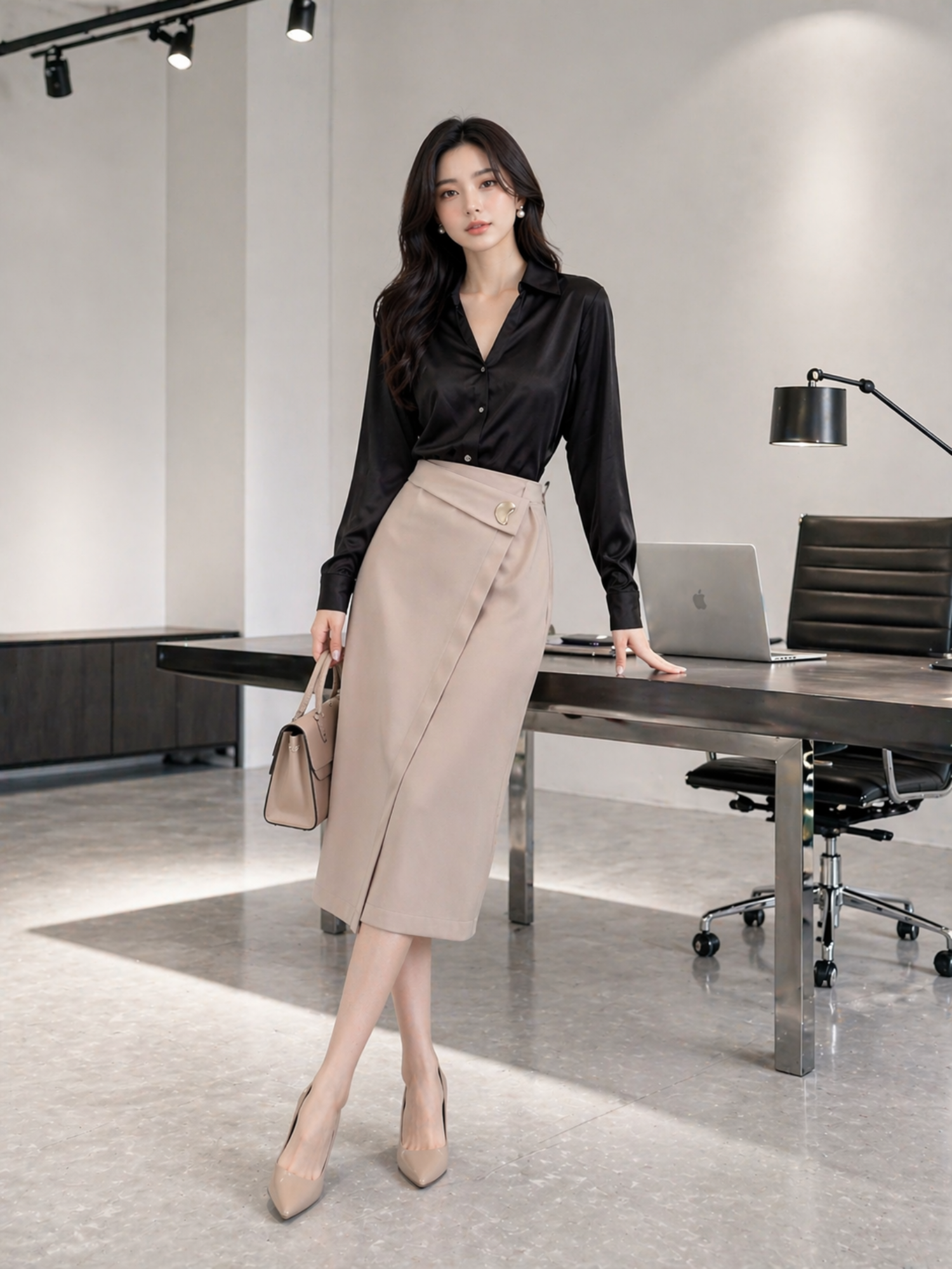  Chân váy midi đắp chéo phối cúc kim loại 