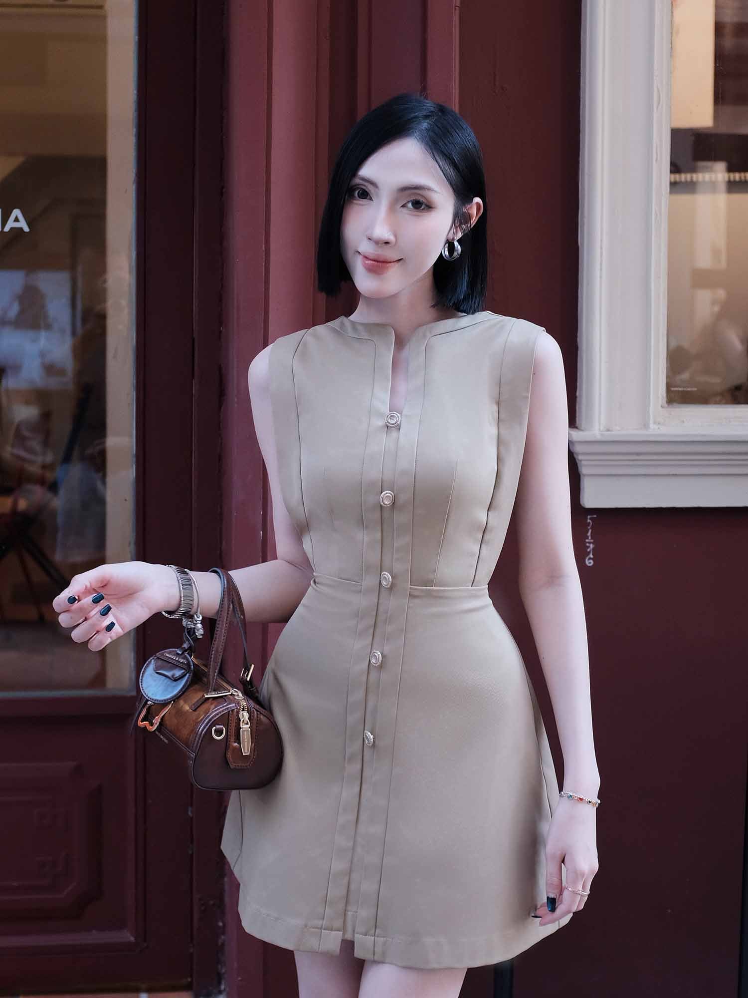 Đầm mini kaki nhung tay liền