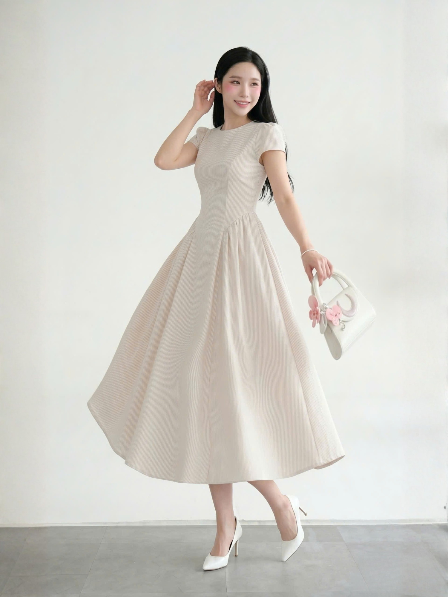Đầm midi sọc nhún tùng