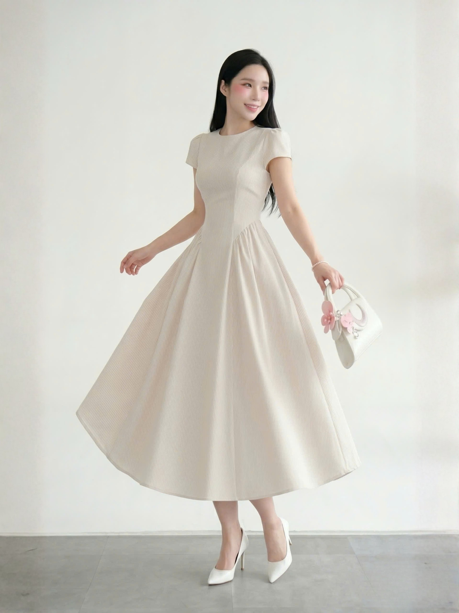  Đầm midi sọc nhún tùng 