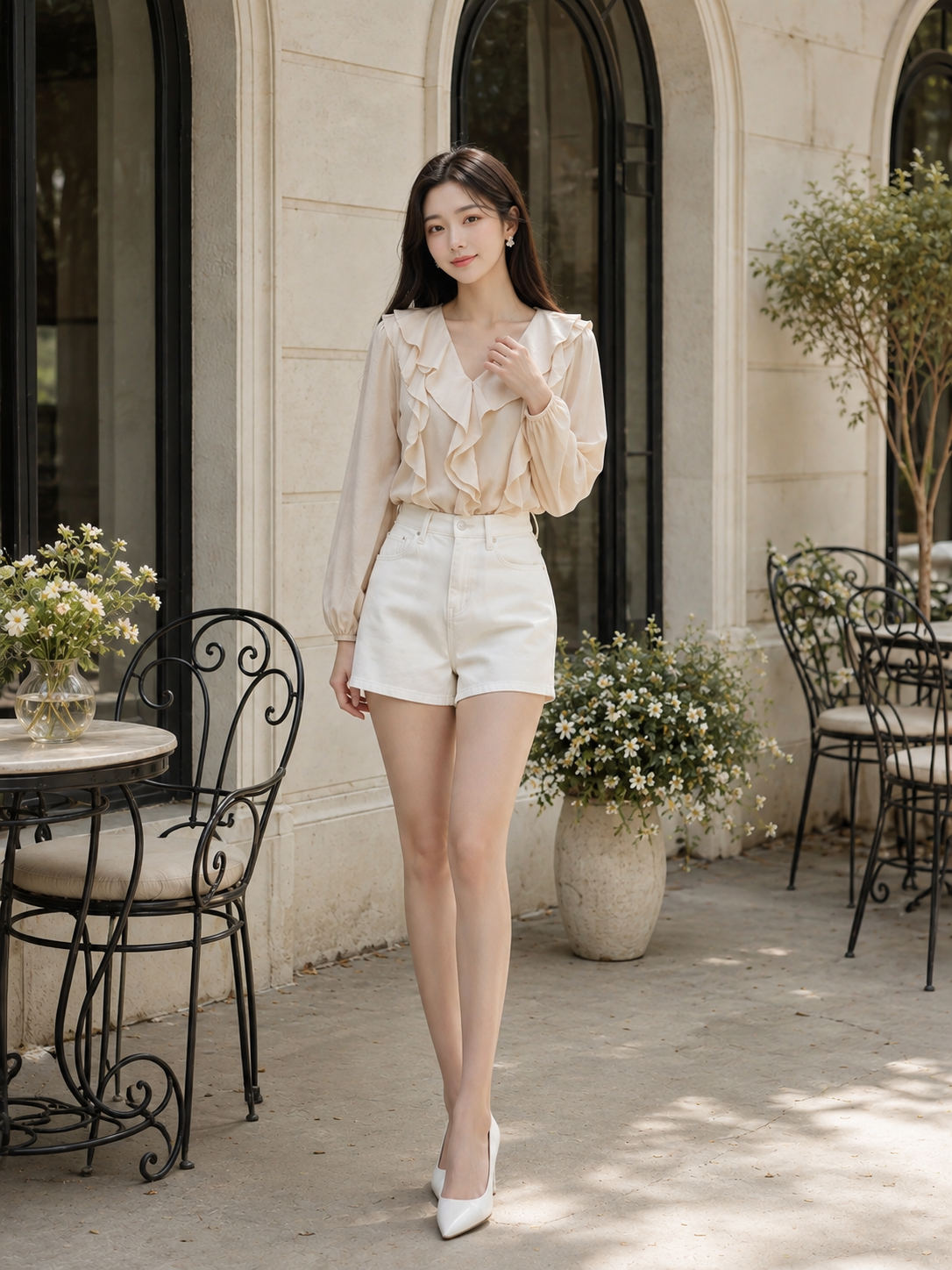 Áo tay dài cổ V phối bèo