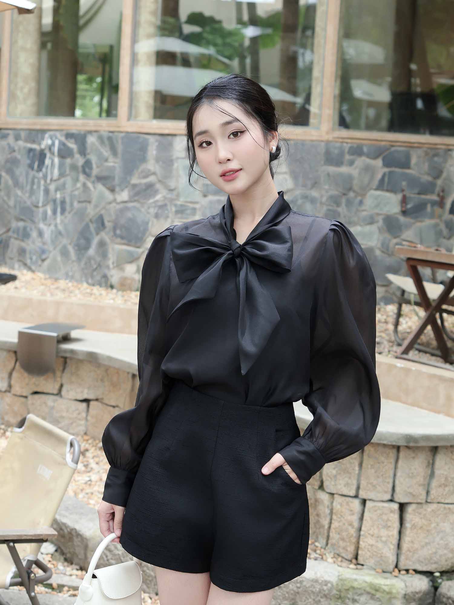 Áo sơ mi dây nơ cổ phối lót