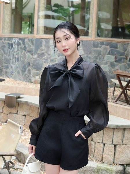  Áo sơ mi dây nơ cổ phối lót 