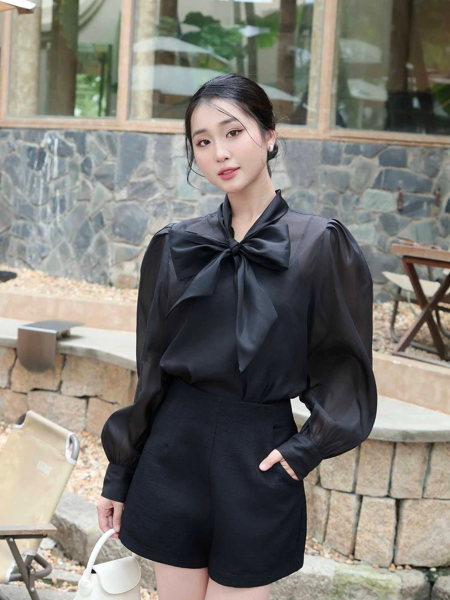  Áo sơ mi dây nơ cổ phối lót 