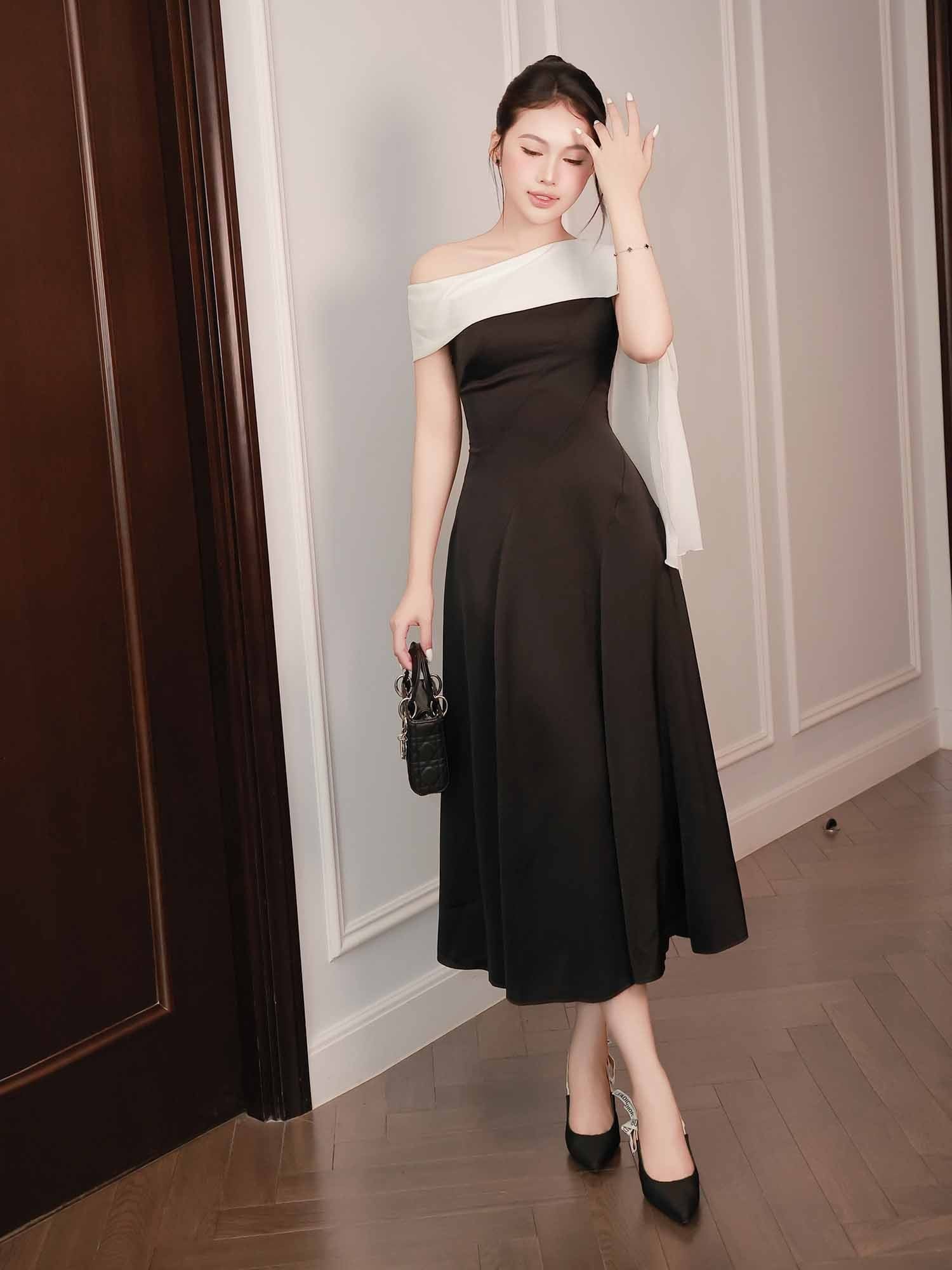  Đầm midi lụa dài ráp chéo phối khăn Chiffon 