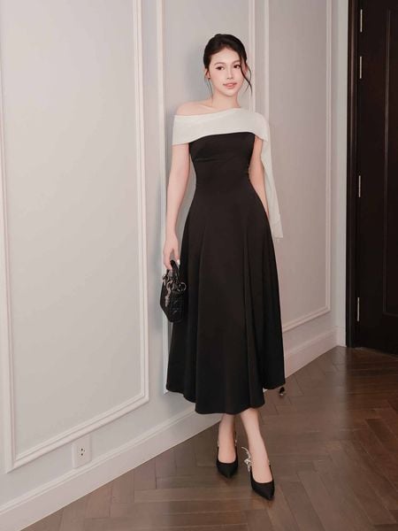  Đầm midi lụa dài ráp chéo phối khăn Chiffon 