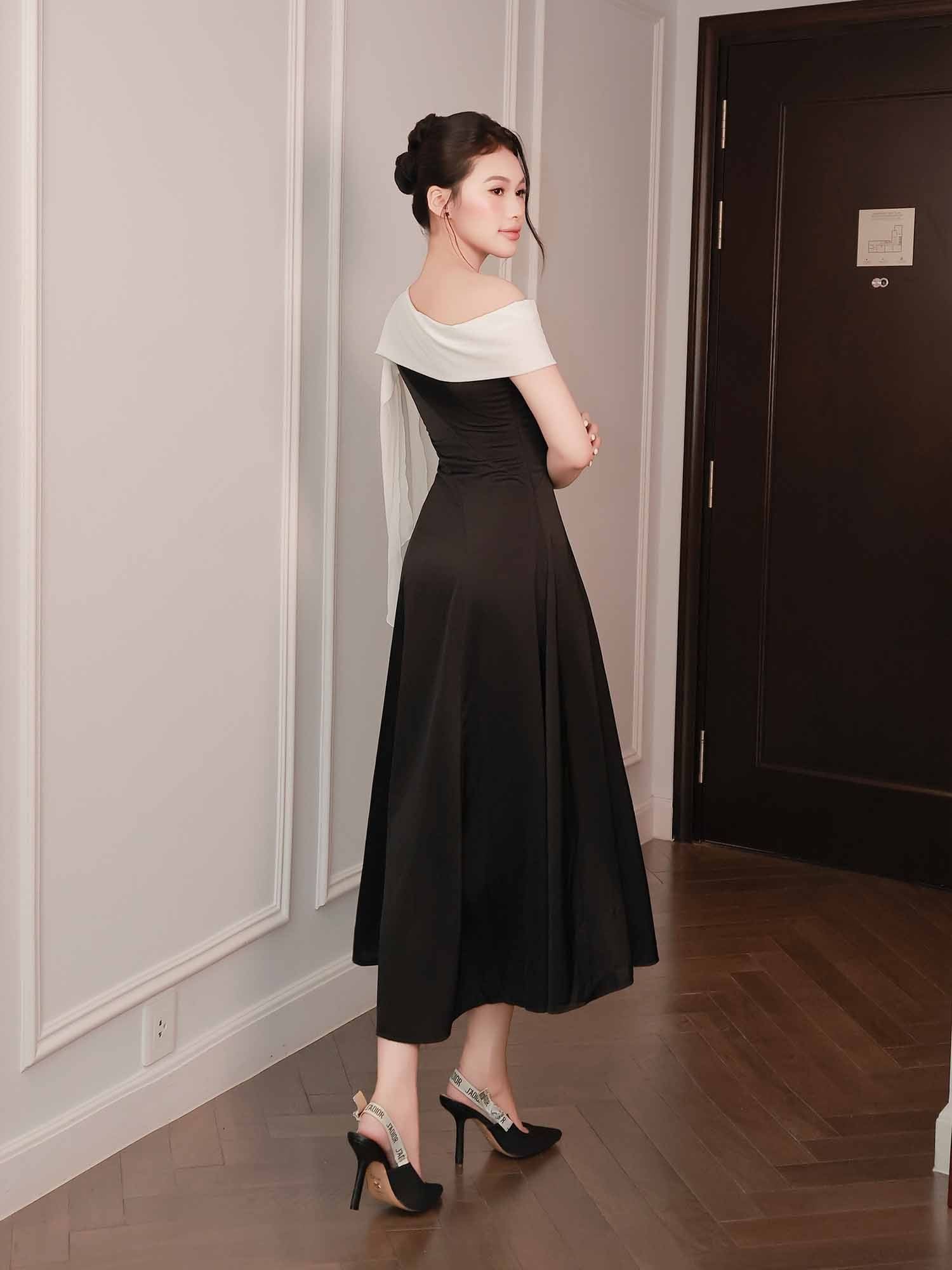  Đầm midi lụa dài ráp chéo phối khăn Chiffon 