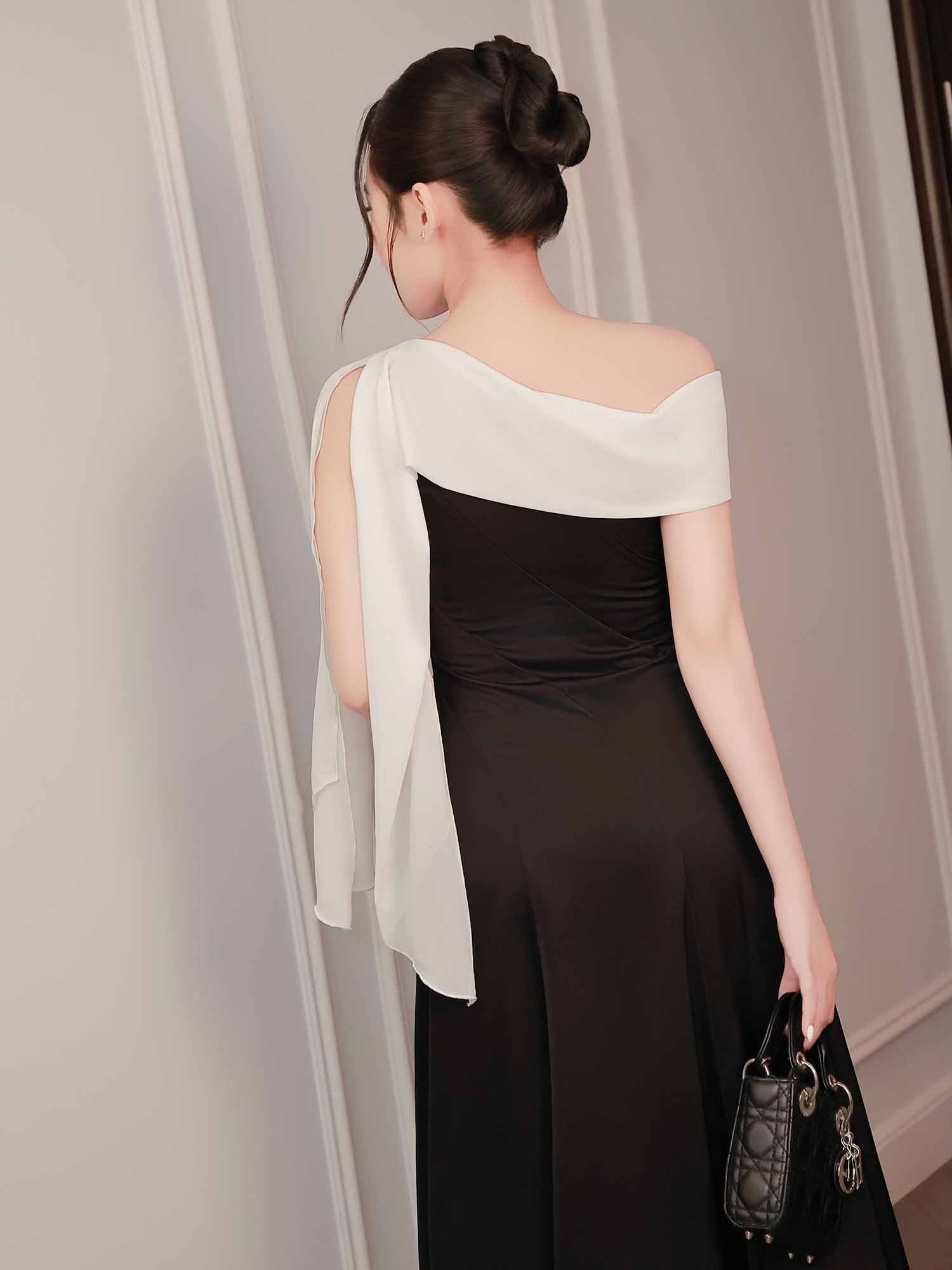  Đầm midi lụa dài ráp chéo phối khăn Chiffon 