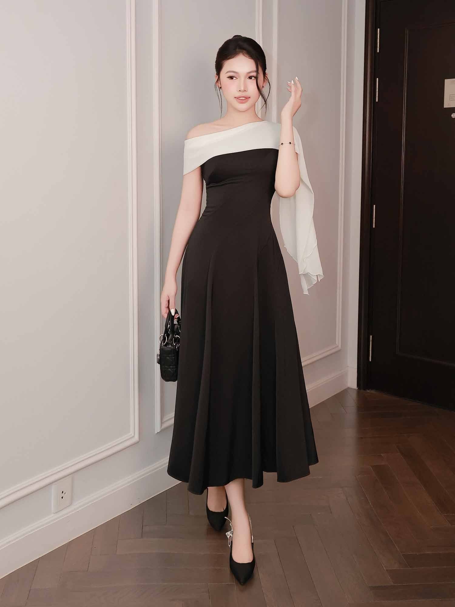  Đầm midi lụa dài ráp chéo phối khăn Chiffon 