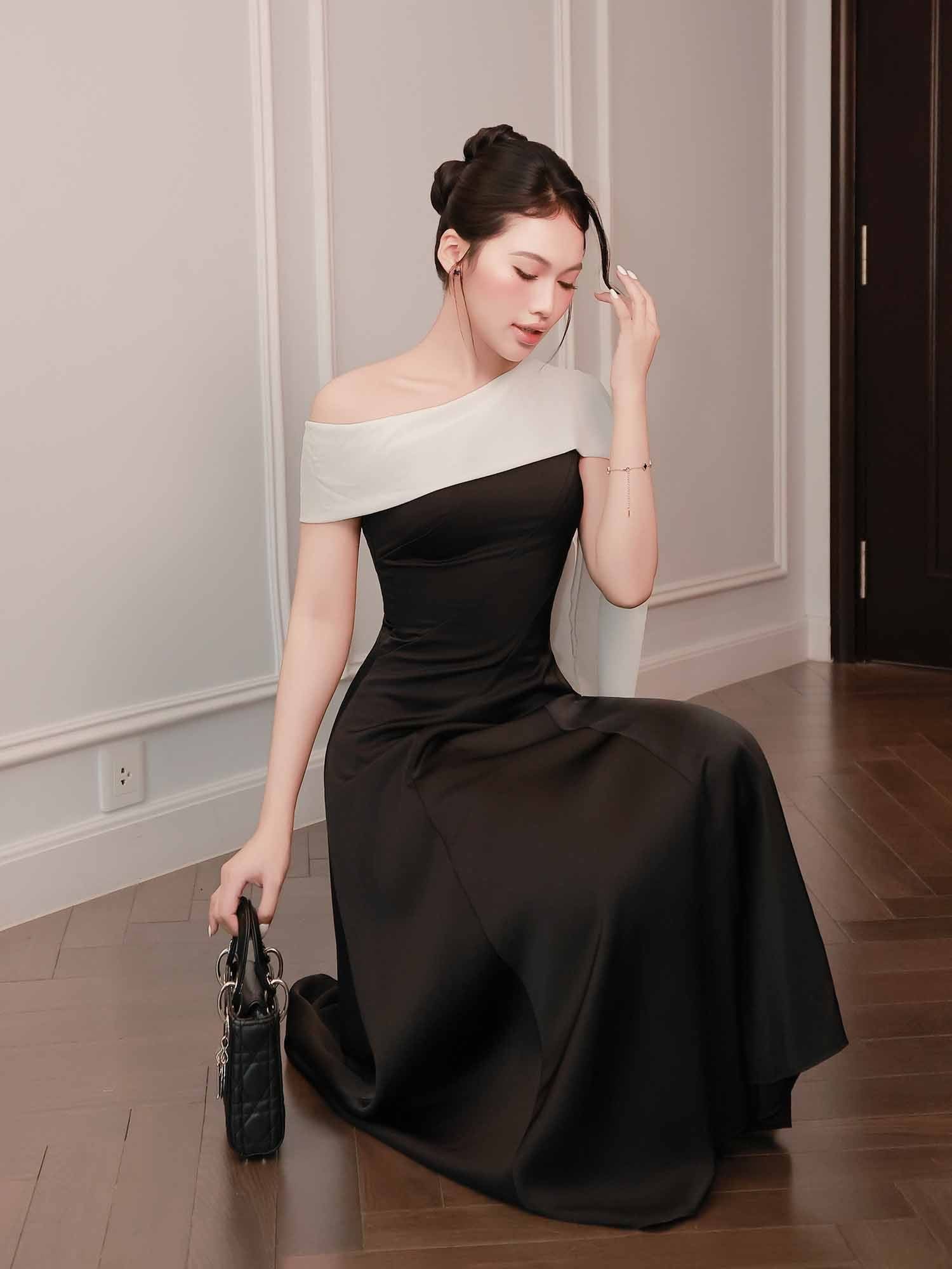  Đầm midi lụa dài ráp chéo phối khăn Chiffon 