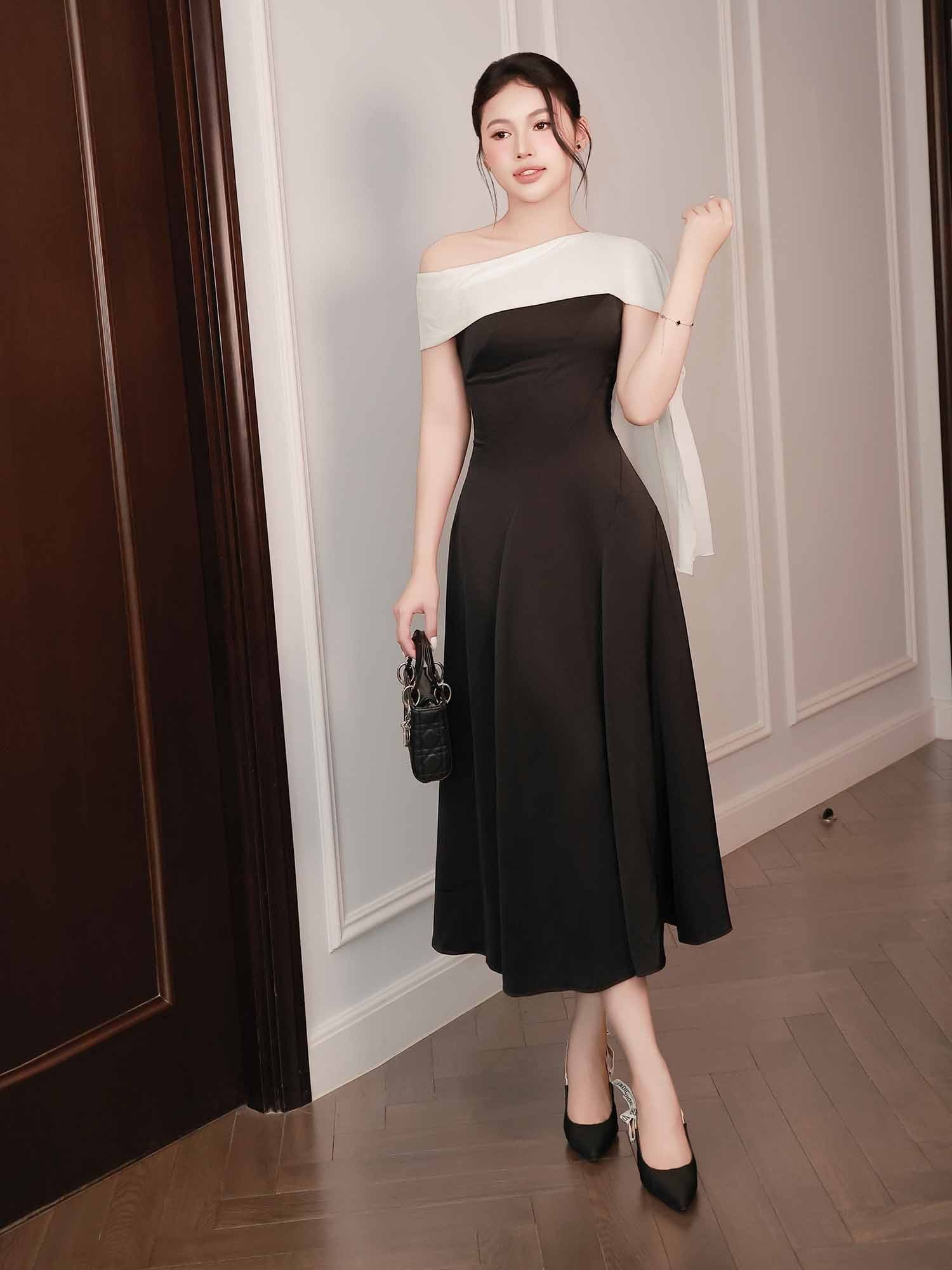  Đầm midi lụa dài ráp chéo phối khăn Chiffon 