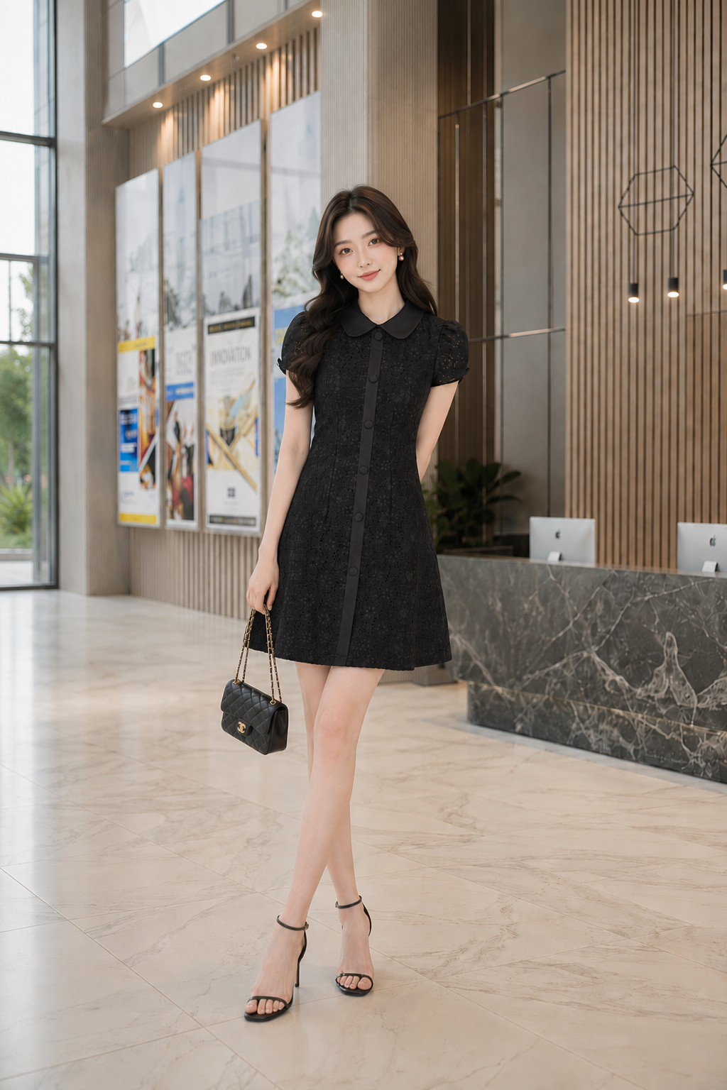 Đầm mini ren hoa cổ lá sen