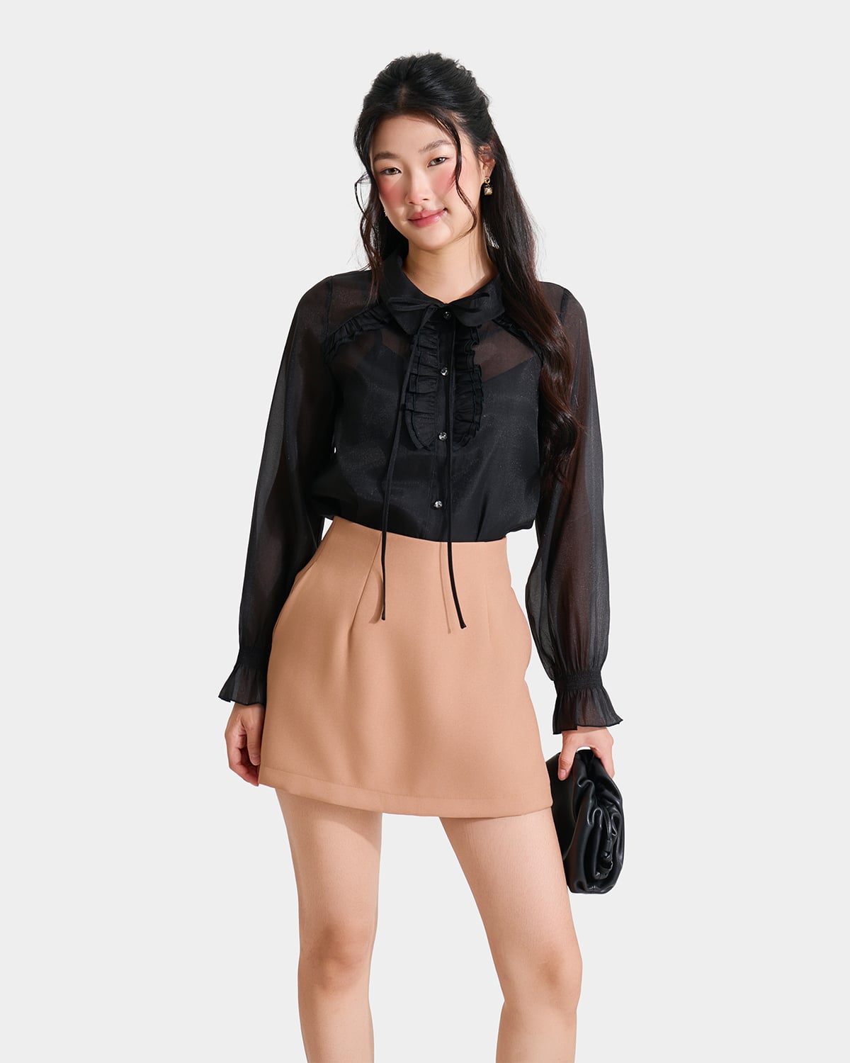 Áo sơ mi sheer tay dài phối bèo